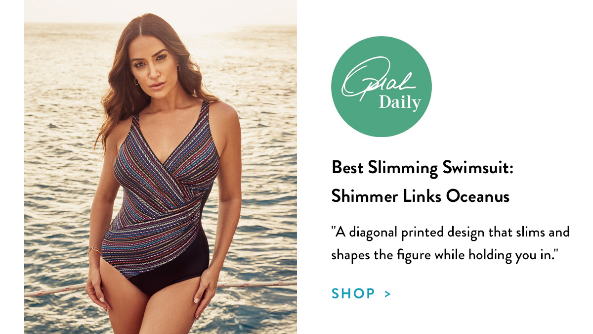 Best Slimming Swimsuit: Miraclesuit Shimmer Links Oceanus "A diagonal printed design that slims and shapes the figure while holding you in." Shop the Shimmer Links Oceanus >