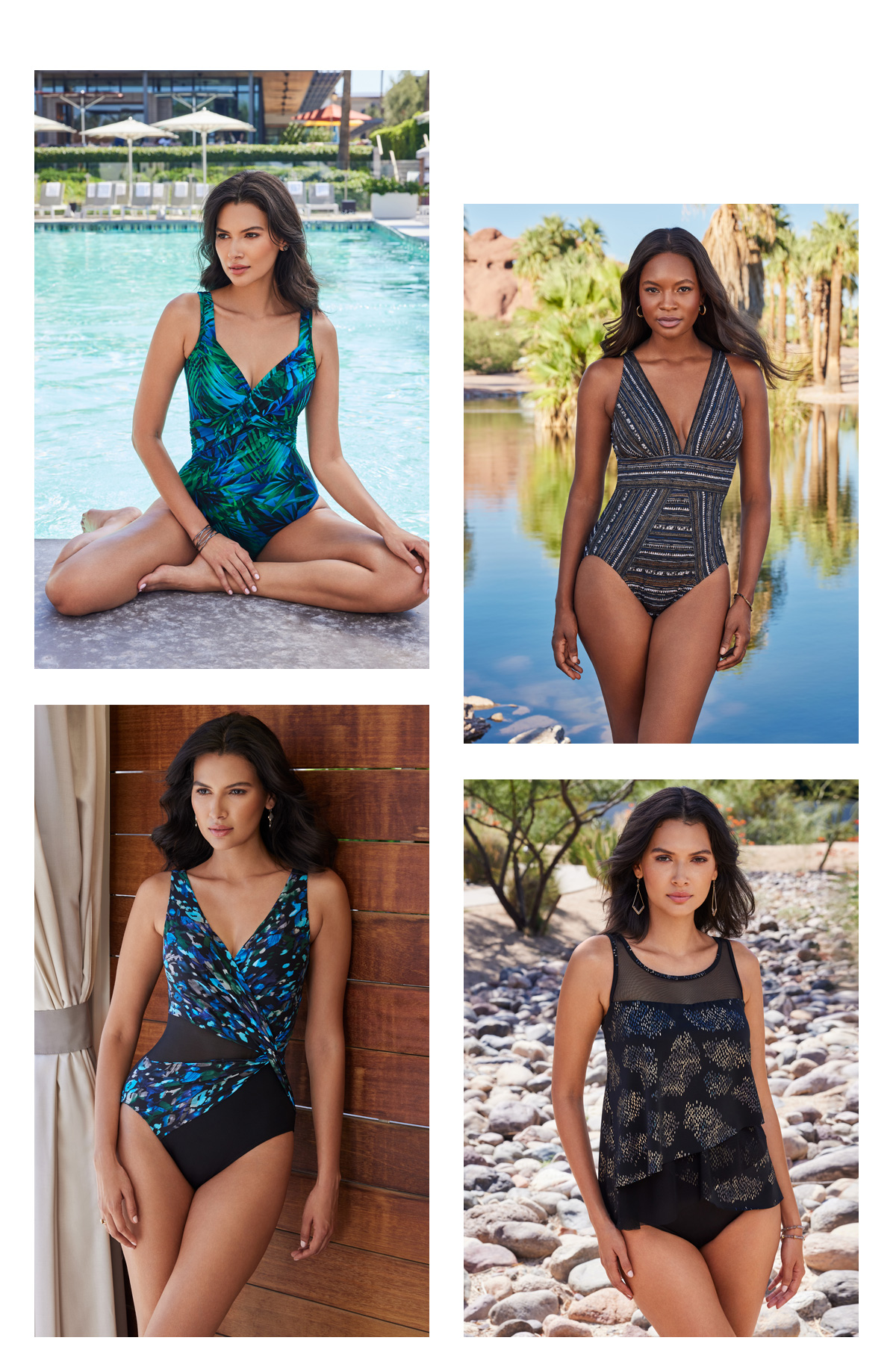 4 middle lifestyles of the Palm Reeder Revele in BLU, #6558119 Cypher Odyssey in BLM, #6558418 Sophisticat Circe in MLT, #6558638 Iridium Mirage Tankini in BLM, #6558741