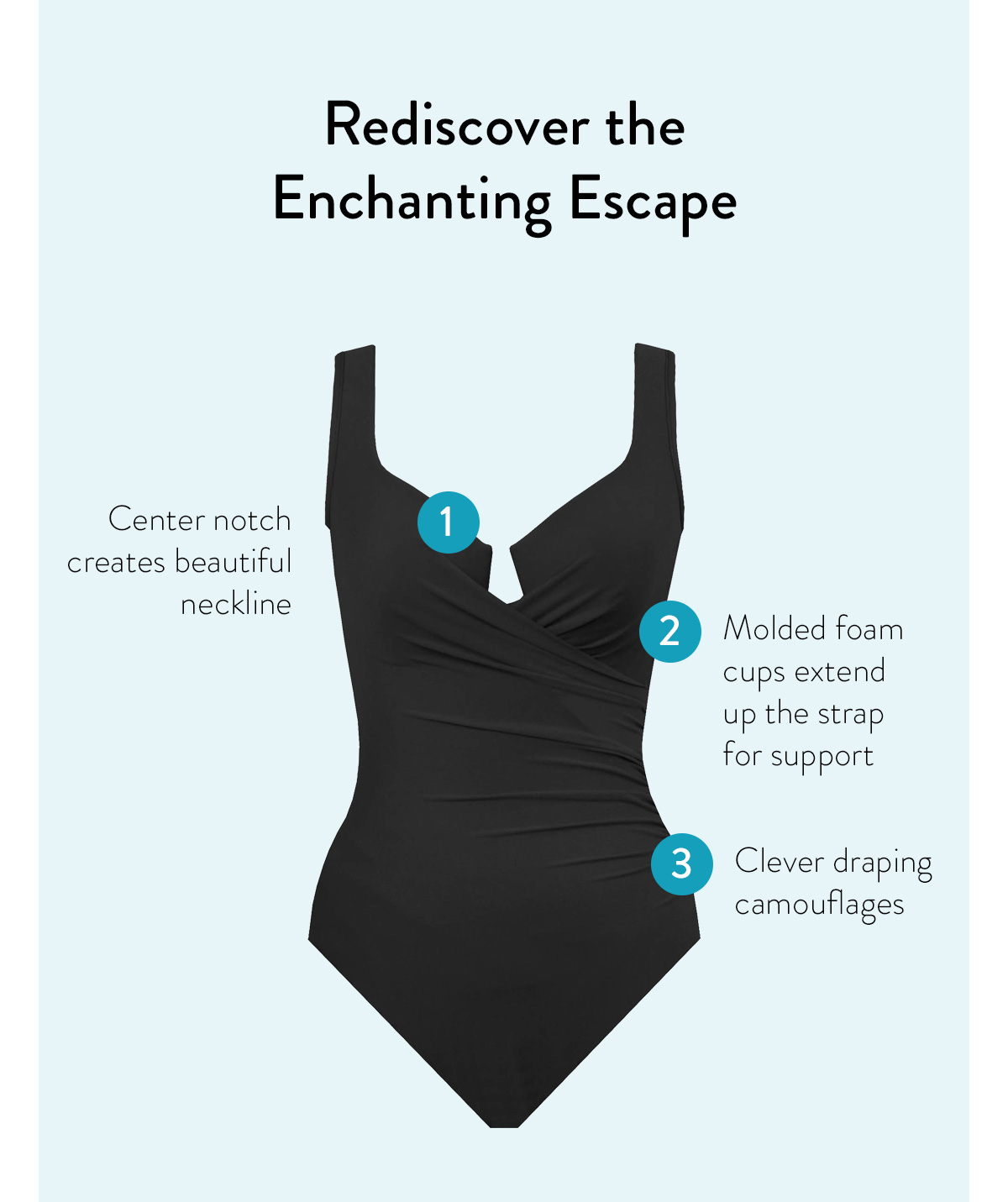 Rediscover the Enchanting Escape 1 - Scalloped, supportive neckline 2 - Mid-shirring conceals flaws 3 - Underwire Molded Cup Bra