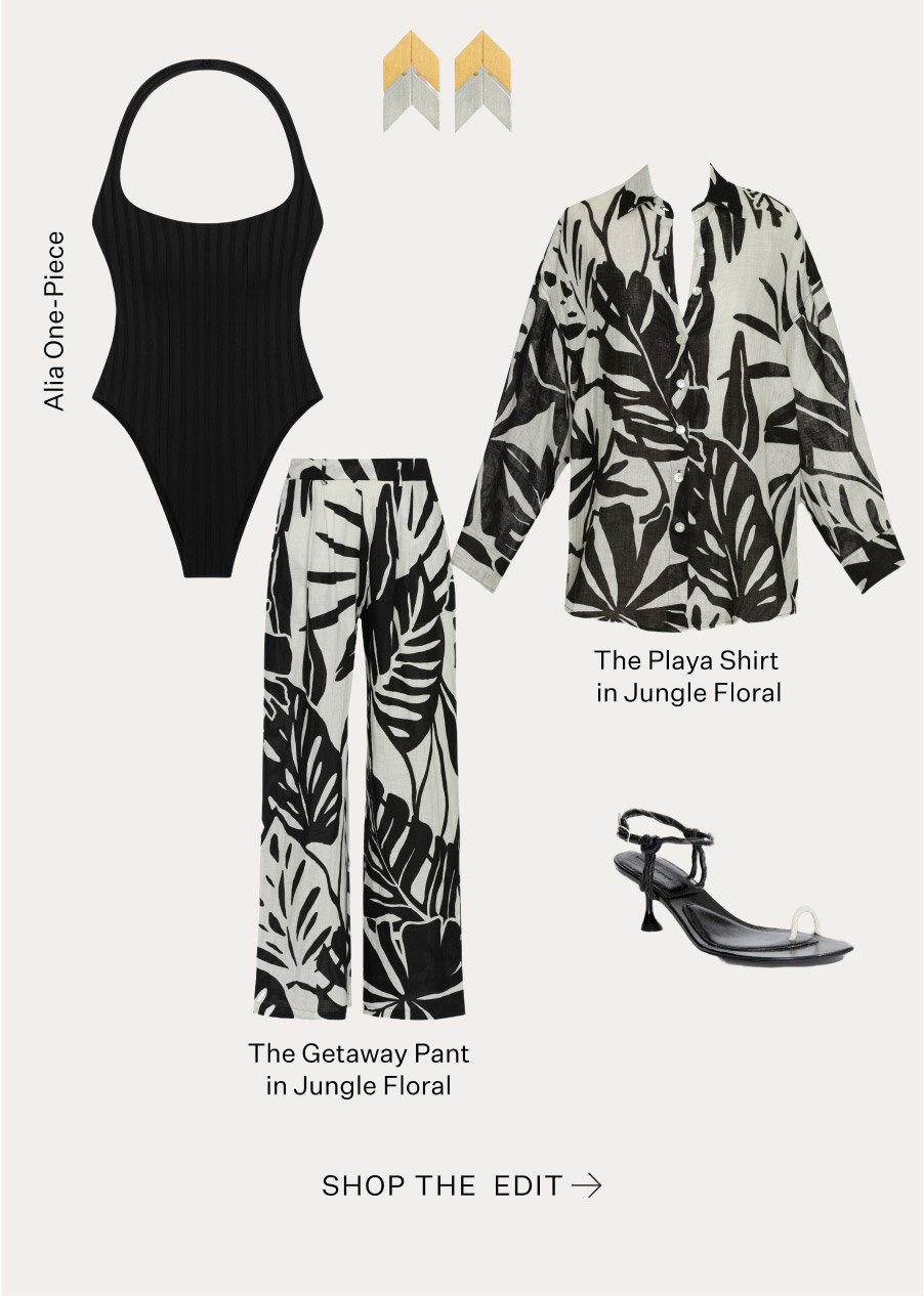 Alia One-Piece The Playa Shirt in Jungle Floral The Getaway Pant in Jungle Floral