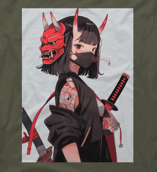 Japan art Anime Samurai Girl with Oni Mask, Katana, Tatto