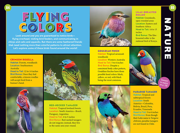 Flying Colors, an article about colorful birds in the Almanac for Kids