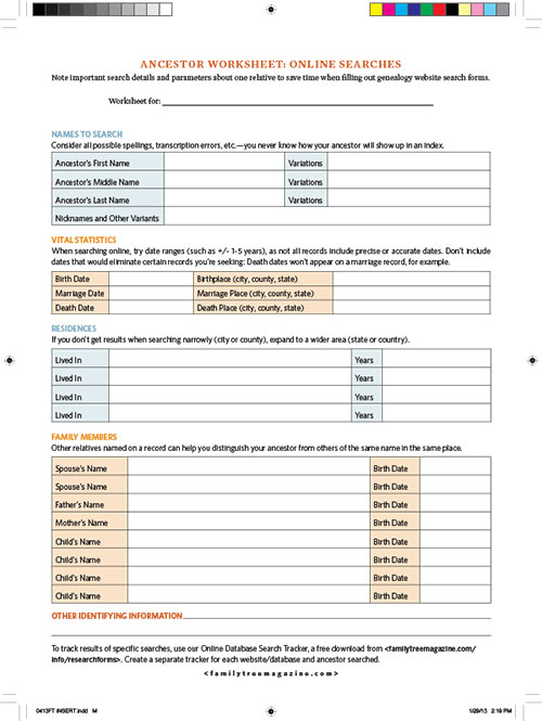 Ancestor Worksheet - Online Sources