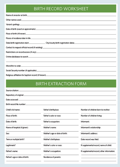 Birth Record Worksheet