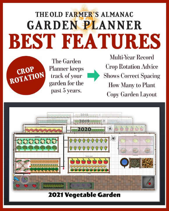 The Old Farmer's Almanac Garden Planner Best Features: Crop Rotation. The Garden Planner keeps track of your garden for the past 5 years. Multi-Year Record, Crop Rotation Advice, Shows Correct Spacing, How Many to Plant, Copy Garden Layout