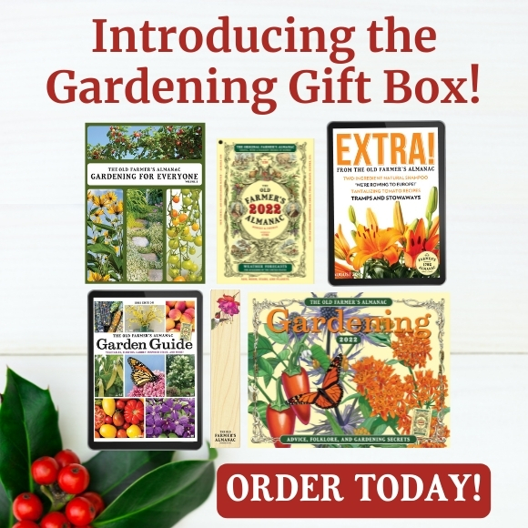 Introducing the Gardening Gift Box! Gardening for Everyone, The 2022 Old Farmer's Almanac, EXTRA! Digital Magazine, Garden Guide Online Library, Hummingbird Bookmark, 2022 Gardening Calendar