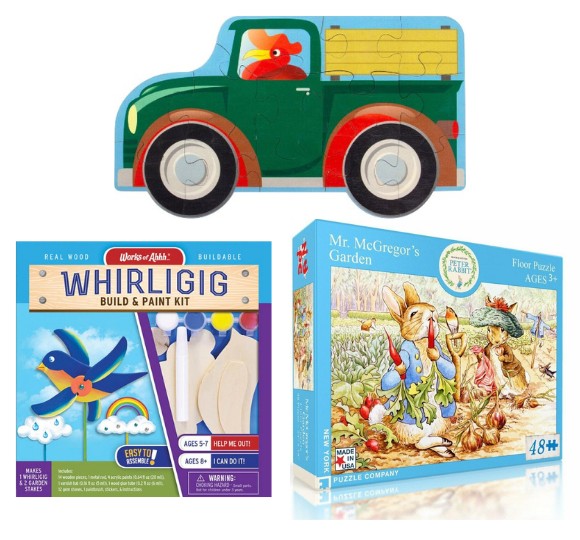 Kids puzzles and build and paint kits