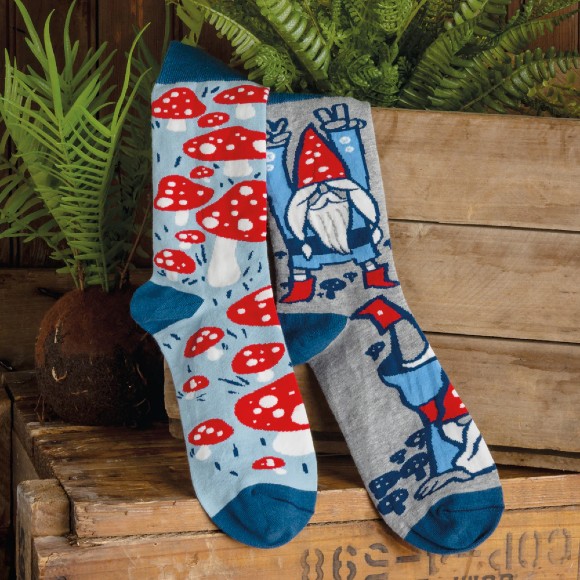 Gray socks with blue trim and red mushrooms and jumping gnomes