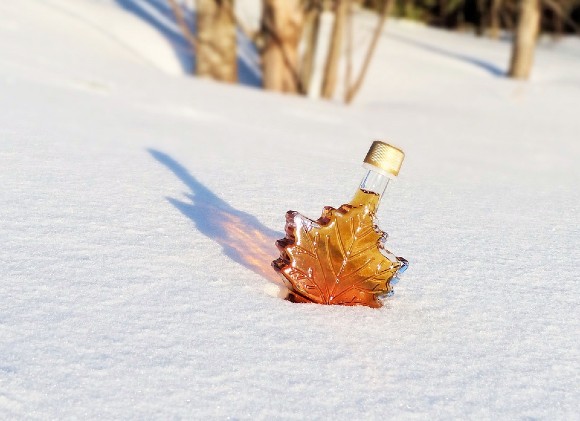 A bottle of maple syrup in the snow