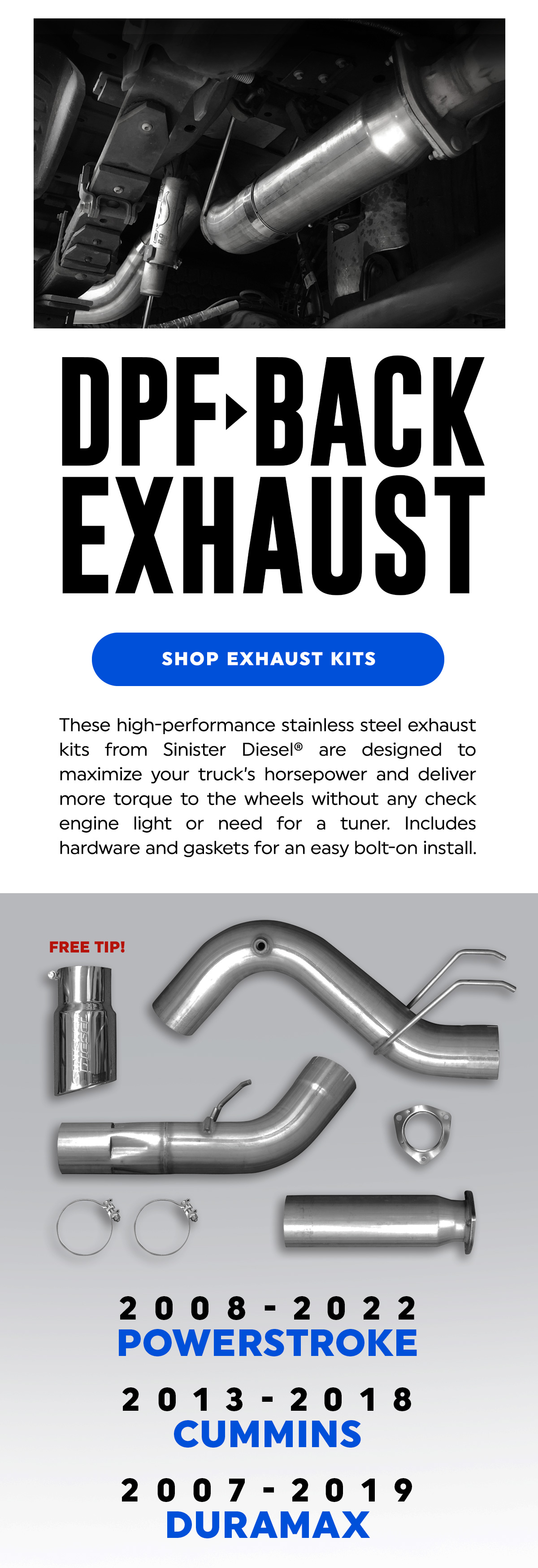 😎 DPF Back EXHAUST KITS for Powerstroke, Cummins & Duramax Sinister