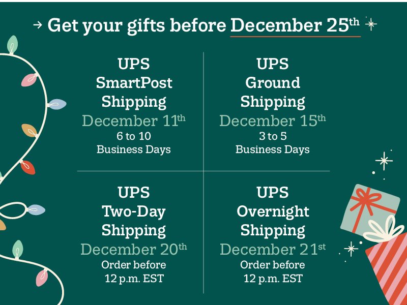 Get your gifts before December 25th. UPS Smart post shipping December 11th 6 to 10 business days. UPS Ground shipping December 15th 3 to 5 business days. UPS Two-day shipping December 20th order before 12 p.m. EST. UPS overnight shipping December 21st order before 12 p.m. EST