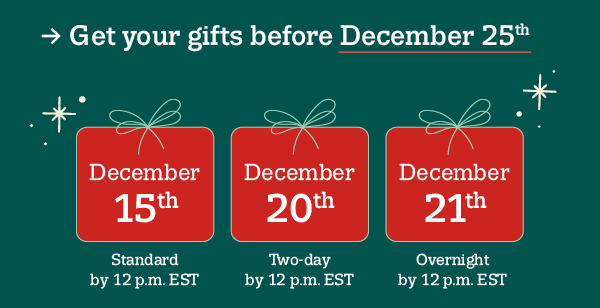 Get your gifts before December 25th. December 15th Standard by 12 p.m. EST December 20th Two-day by 12 p.m. EST December 21st Overnight by 12 p.m. EST