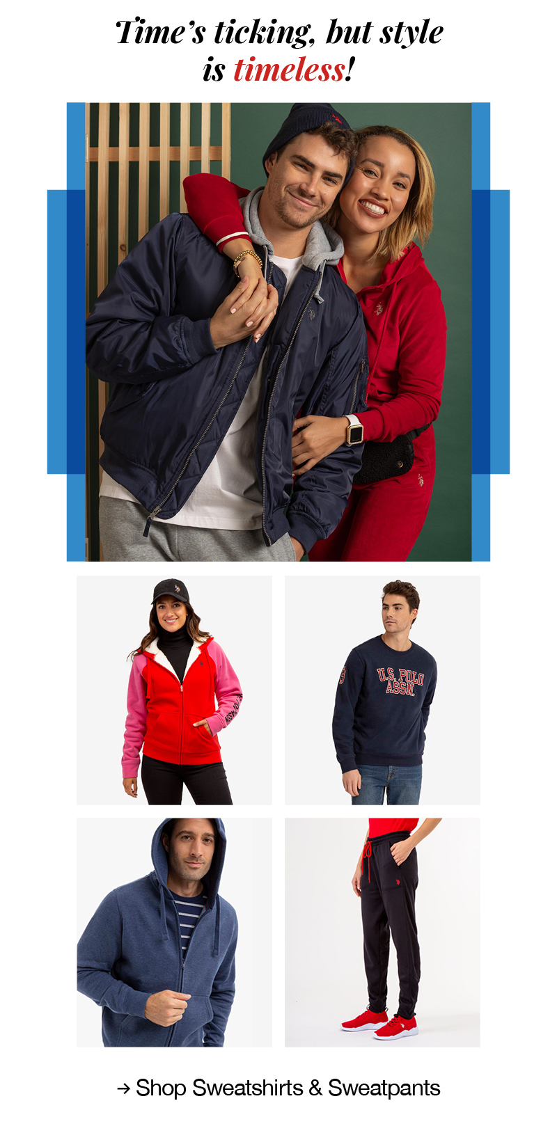 Time's ticking, but style is timeless! Shop sweatshirts and sweatpants