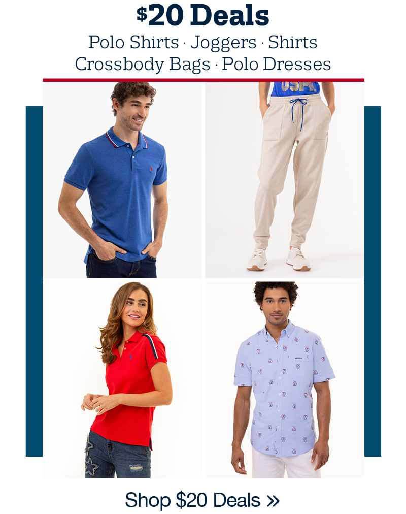 $20 Deals: Polo shirts, joggers, shirts, crossbody bags, and polo dresses. Shop $20 deals
