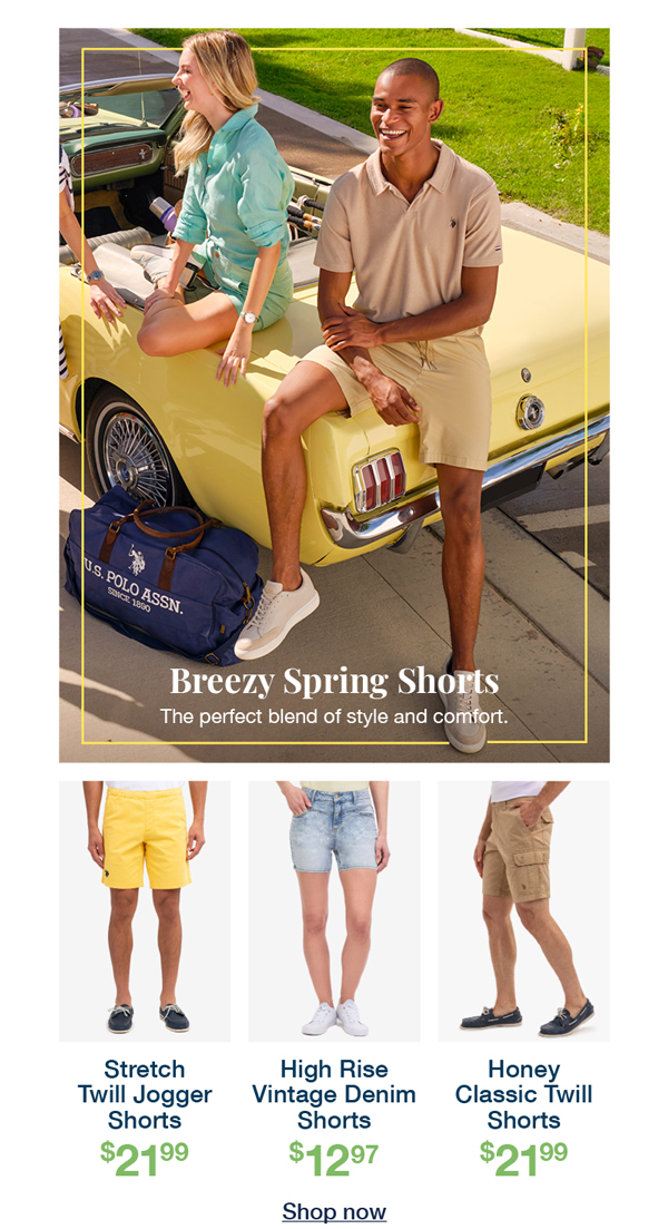 Breezy Spring Shorts: The prefect blend of style and comfort. Stretch twill jogger shorts $21.99, High rise vintage denim shorts $12.97, Honey classic twill shorts $21.99 Shop now
