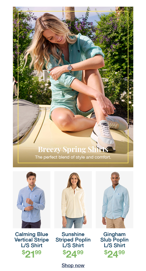 Breezy Spring Shirts: The prefect blend of style and comfort. Stretch twill jogger shorts $21.99, High rise vintage denim shorts $12.97, Honey classic twill shorts $21.99 Shop now