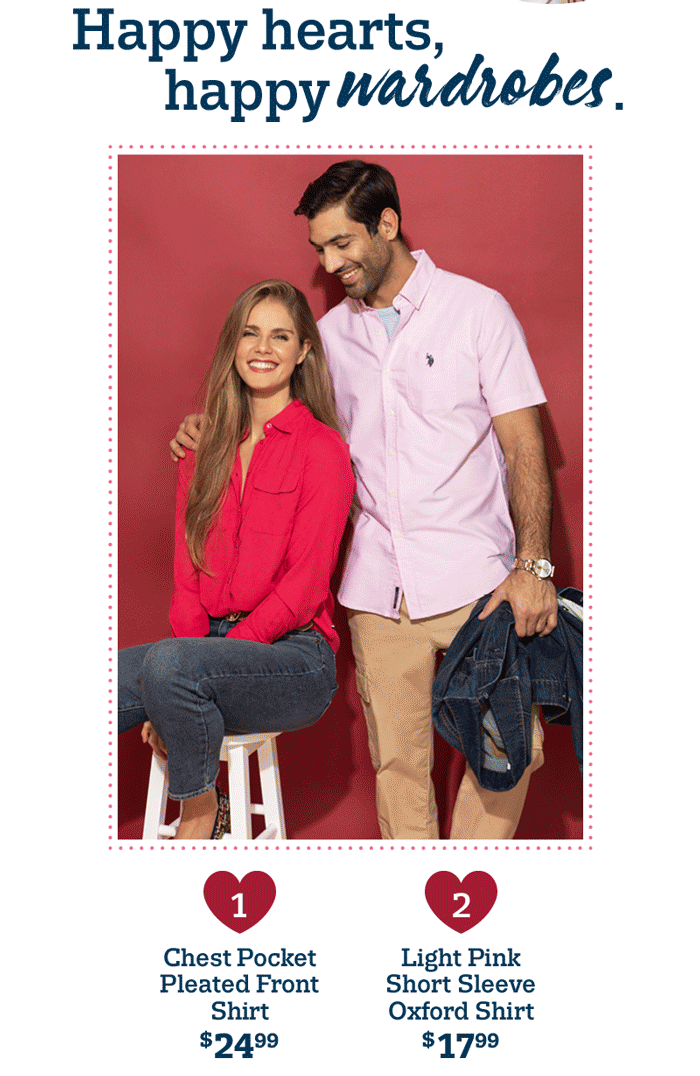 Happy hearts, happy wardrobes. 1. Chest pocket pleated front shirt $24.99 2. Light pink short sleeve oxford shirt