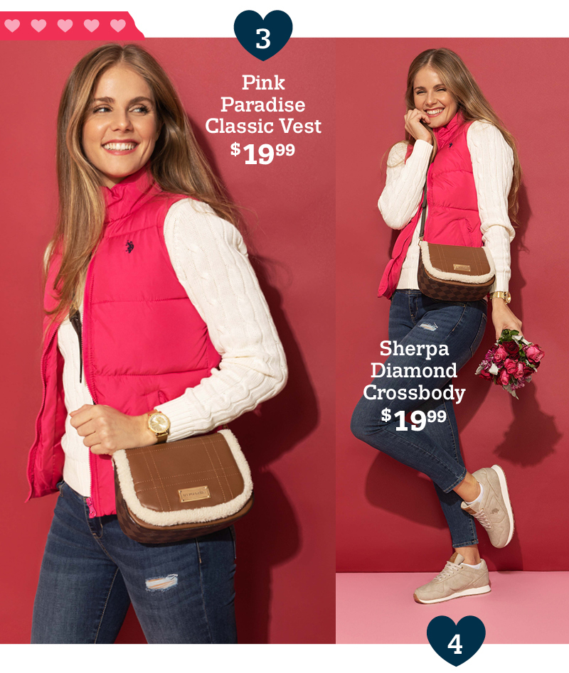 3. Pink paradise classic vest $19.99 4. Sherpa diamond crossbody $19.99