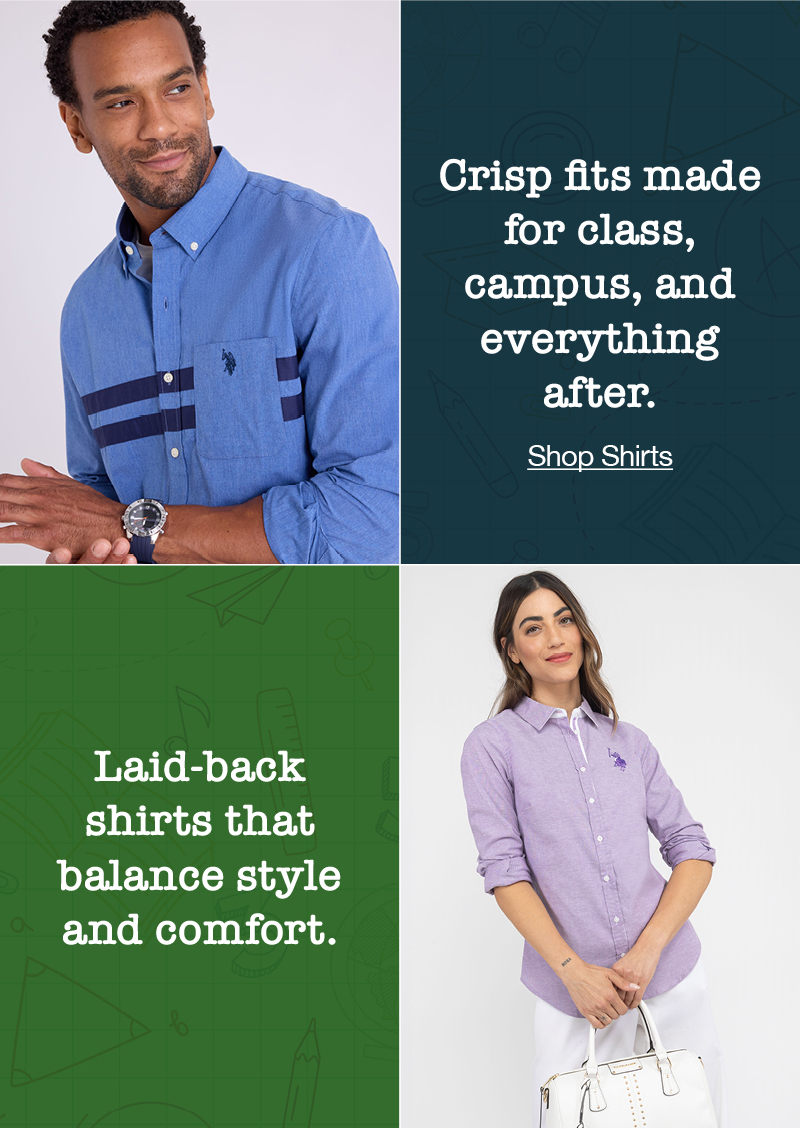 Crisp fits made for class, campus, and everything after. Laid-back shirts that balance style and comfort. Shop shirts