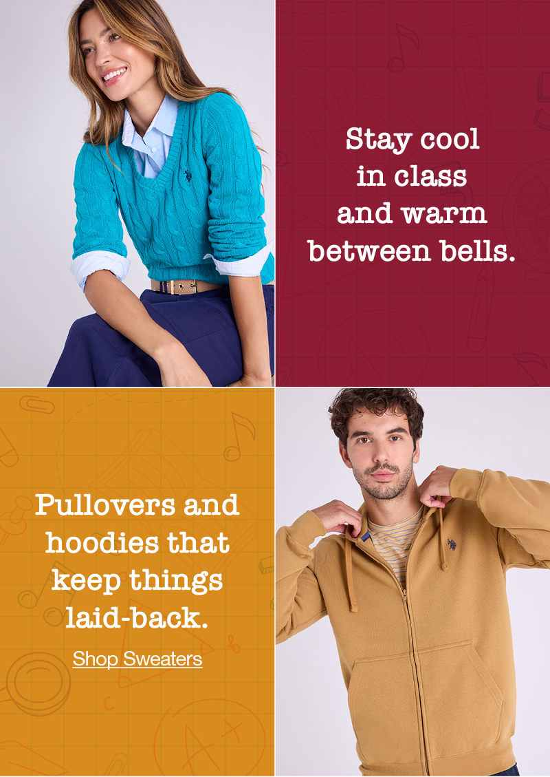 Stay cool in class and warm between bells. Pullovers and hoodies that keep things laid-back. Shop sweaters