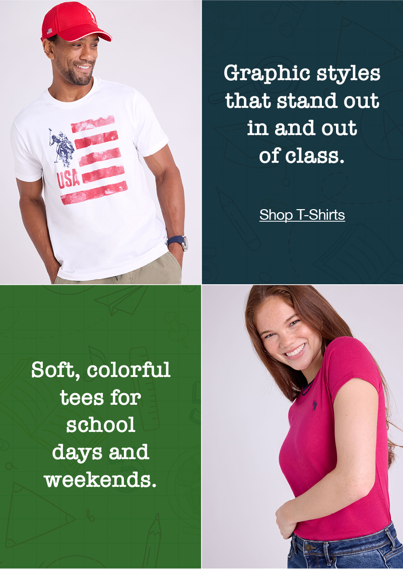 Graphic styles that stand out in and out of class. Soft, colorful tees for school days and weekends. Shop T-shirts