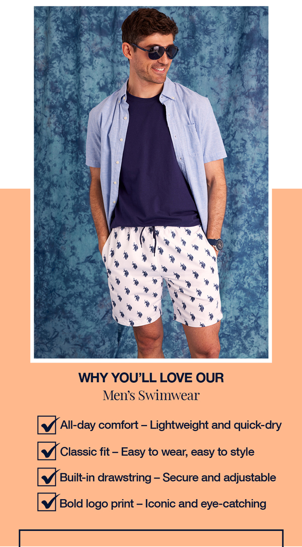 Why you'll love our men's swimwear: All-day comfort – Lightweight and quick-dry. Classic fit – Easy to wear, easy to style. Built-in drawstring – Secure and adjustable. Bold logo print – Iconic and eye-catching.