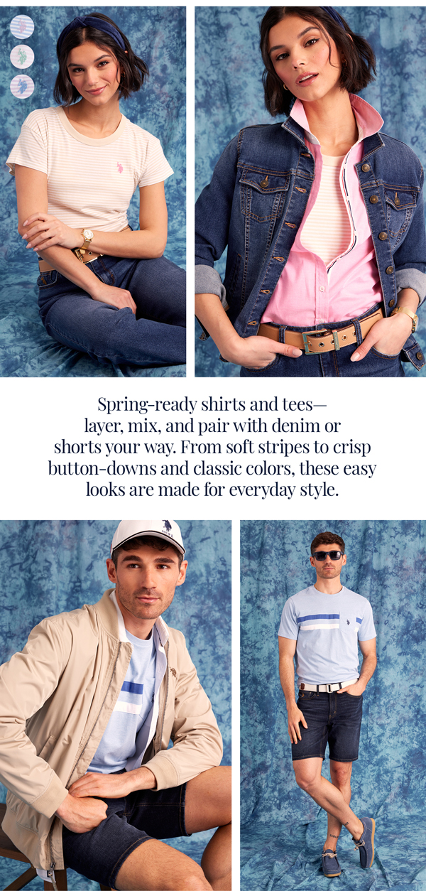 Spring-ready shirts and tees— layer, mix, and pair with denim or shorts your way. From soft stripes to crisp button-downs and classic colors, these easy looks are made for everyday style.