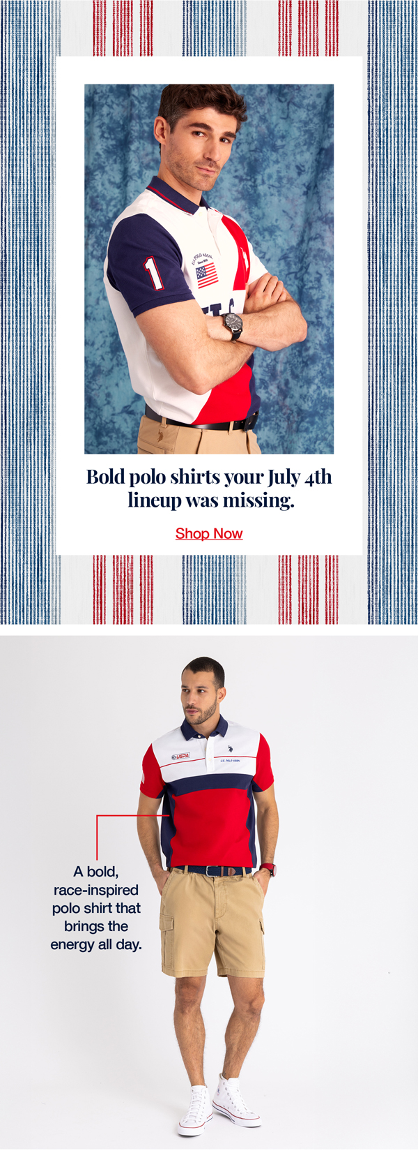 Bold polo shirts your July 4th lineup was missing. A bold, race-inspired polo shirt that brings the energy all day.