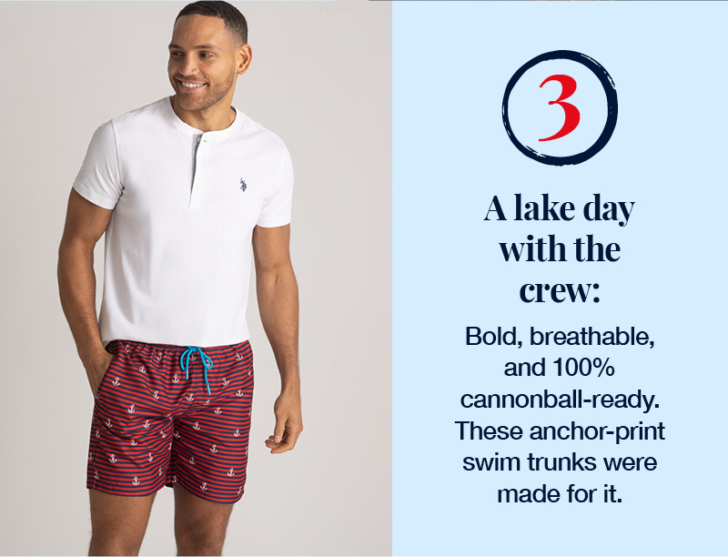 3. A lake day with the crew: Bold, breathable, and 100% cannonball-ready. These anchor-print swim trunks were made for it.