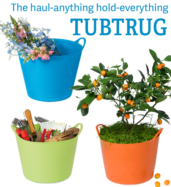 The haul-anything, hold-everything TubTrug! Pictured: Blue, Pistachio and Orange Tubtrugs