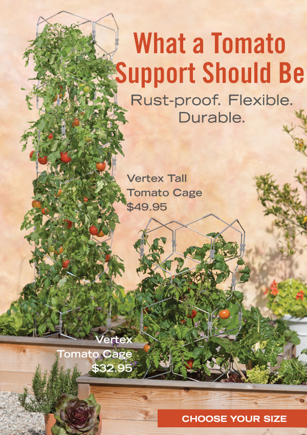 What a Tomato Support Should Be. Rust-proof. Flexible. Durable. Pictured: Vertex Tall Tomato Cage, $49.95 and Vertex Tomato Cage, $32.95