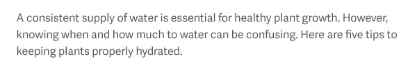 A consistent supply of water is essential for healthy plant growth. However, knowing when and how much to water can be confusing. Here are five tips to keeping plants properly hydrated