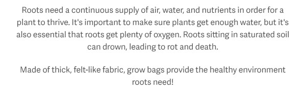 Roots need a continuous supply of air, water, and nutrients in order for a plant to thrive. It's important to make sure plants get enough water, but it's also essential that roots get plenty of oxygen. Roots sitting in saturated soil can drown, leading to rot and death. Made of thick, felt-like fabric, grow bags provide the healthy environment roots need!