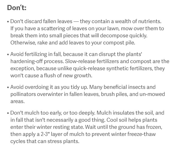 Don'ts Don't discard fallen leaves — they contain a wealth of nutrients. Mulch them with a lawnmower or rake and add them to your compost pile. Avoid fertilizing, because it can disrupt the hardening-off process. Slow-release fertilizers and compost are the exception, because they won't cause a flush of new growth. Avoid overdoing it as you tidy up. Many beneficial insects and pollinators overwinter in fallen leaves, brush piles, and un-mowed areas. Don't mulch too early, or too deeply. Wait until the ground has frozen, then apply a 2-3" layer of mulch to prevent winter freeze-thaw cycles that can stress plants.