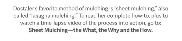 Dostaler’s favorite method of mulching is “sheet mulching,” also called “lasagna mulching.” To read her complete how-to, plus to watch a time-lapse video of the process into action, go to: Sheet Mulching—the What, the Why and the How.