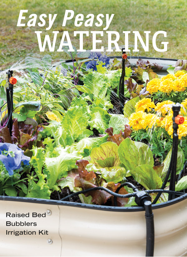 Easy Peasy Watering - Pictured: Raised Bed Bubblers Irrigation Kit in metal raised bed