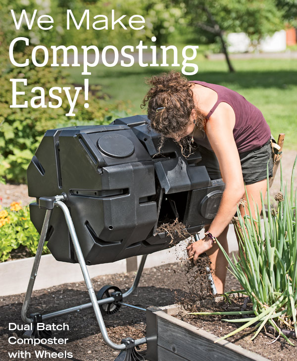 We Make Composting Easy! Pictured: Dual Batch Composters with Wheels, $219