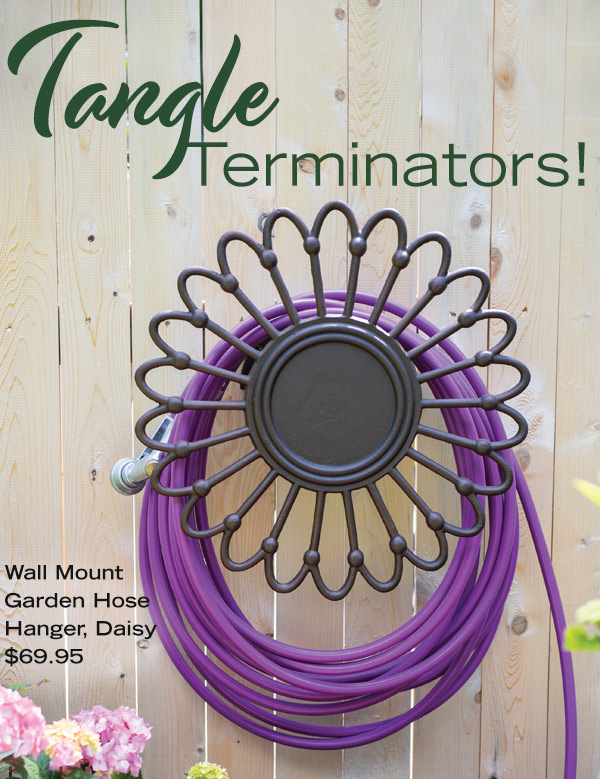 Tangle Terminators! Pictured: Wall Mount Garden Hose Hanger Daisy, $69.95, holding a coiled purple hose.