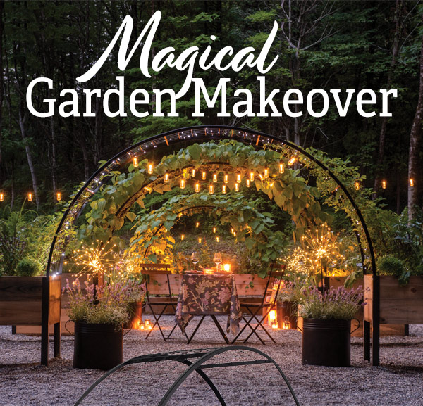 Magical Garden Makeover - Pictured: Garden filled with elevated raised beds, connected with arches making a twinkle light lit path with a bistro dining set ready for a party.