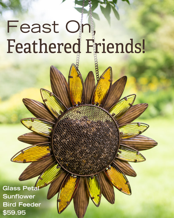 Feast On, Feathered Friends! Glass Petal Sunflower Bird Feeder, $59.95