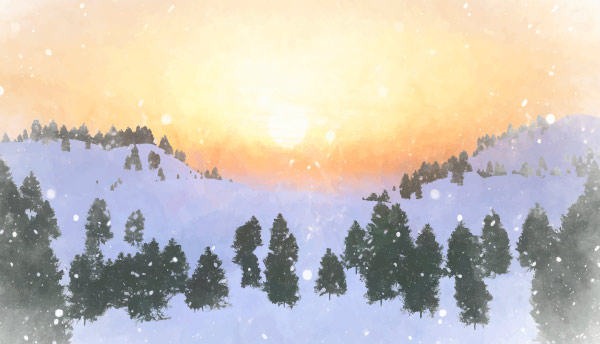 A Winter Scene, evergreens on rolling hillsides, with the sun rising in the background.