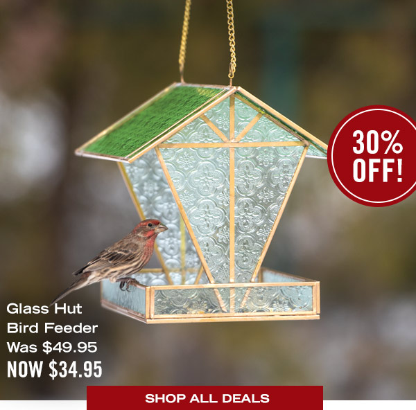 Glass Hut Bird Feeder, was $49.95, now $34.95. 30% off!