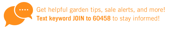 Get helpful garden tips, sale alerts, and more! Text keyword JOIN to 60458 to stay informed!