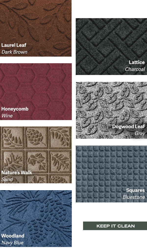 Swatches of new colors in different patterns: Laurel Leaf in Dark Brown, Lattice in Charcoal, Honeycomb in Wine, Dogwood Leaf in Gray, Nature's Walk in Sand, Squares in Bluestone, Woodland in Navy Blue. Shop More and Keep it Clean!