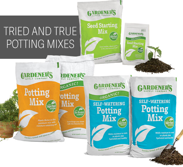 Tried and True Potting Mixes. Pictured: Seed starting mix, potting mix, organic self-watering potting mix.