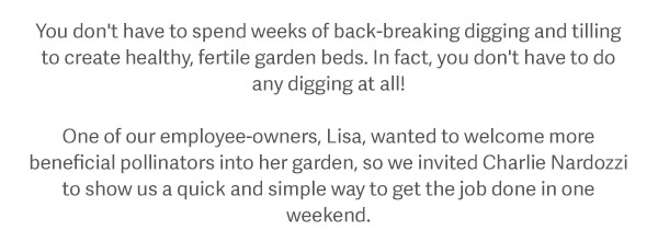 You don't have to spend weeks of back-breaking digging and tilling to create healthy, fertile garden beds. In fact, you don't have to do any digging at all! One of our employee-owners, Lisa, wanted to welcome more beneficial pollinators into her garden, so we invited Charlie Nardozzi to show us a quick and simple way to get the job done in one weekend.