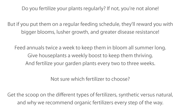 Do you fertilize your plants regularly? If not, you're not alone! But if you put them on a regular feeding schedule, they'll reward you with bigger blooms, lusher growth, and greater disease resistance! Feed annuals twice a week to keep them in bloom all summer long Give houseplants a weekly boost to keep them thriving And fertilize your garden plants every two to three weeks! Not sure which fertilizer to choose? Get the scoop on the different types of fertilizers, synthetic versus natural, and why we recommend organic fertilizers every step of the way.