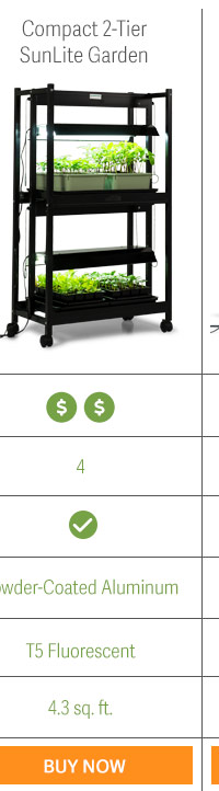 Compact 2-Tier SunLite Garden - 2x Cost, 4 Bulbs, Rolling Casters, Powder-Coated Aluminum, T5 Fluorescent Lights, 4.3 sq. ft. growing space. - BUY NOW