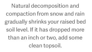 Natural decomposition and compaction from snow and rain gradually shrinks your raised bed soil level. If it has dropped more than an inch or two, add some clean topsoil.