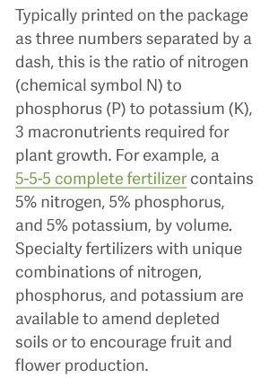 Typically printed on the package as three numbers separated by a dash, this is the ratio of nitrogen (chemical symbol N) to phosphorus (P) to potassium (K), three macronutrients required for plant growth. For example, a 5-5-5 complete fertilizer contains 5% nitrogen, 5% phosphorus, and 5% potassium, by volume. Specialty fertilizers with unique combinations of nitrogen, phosphorus, and potassium are available to amend depleted soils or to encourage fruit and flower production.